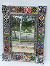 PUNCHED TIN MIRROR with mixed talavera tile mexican folk art