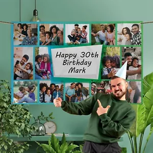 Custom Photo Banner Birthday Party Banner Large Backdrop Blue & Green - Picture 1 of 12