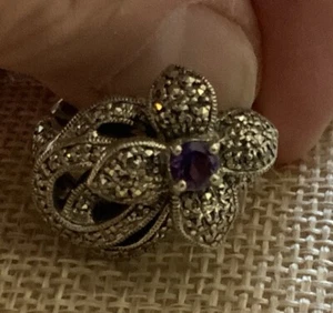 925 Sterling Vintage Creations Jenna Nicole Vintage Marcasite & Amethyst Ring - Picture 1 of 4