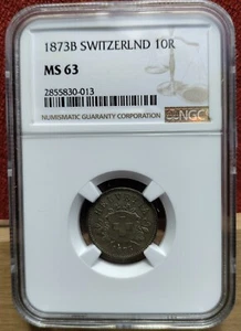 Switzerland 1873-B 10 Rappen NGC MS-63 - Picture 1 of 3