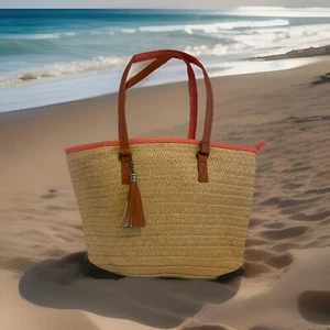 Summer Beach Bag Tote Woven Straw Pink Coral Zip Up Beach Cruise NEW - Picture 1 of 15