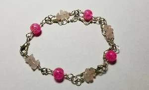 Elegant Rose Quartz and Crackle Glass Bracelet Handmade Wire Wrap USA Artist 8" - Picture 1 of 8