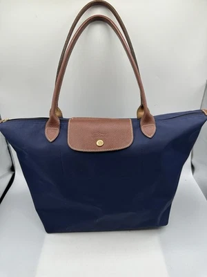 Longchamp Navy Blue Nylon Brown Leather Trim Tote Shoulder Handbag - Image 1 of 4