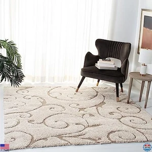 Cream & Beige 3'3" Square Shag Area Rug, Scroll Design, Non-Shedding, Easy Care - Picture 1 of 6