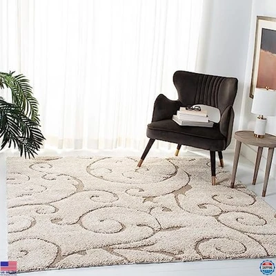 Cream & Beige 3'3" Square Shag Area Rug, Scroll Design, Non-Shedding, Easy Care - Image 1 of 4