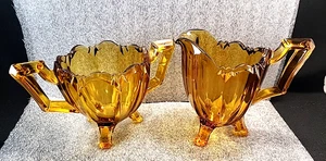 Vintage MCM Amber Pressed Glass Footed Creamer and Open Sugar Bowl - Picture 1 of 9