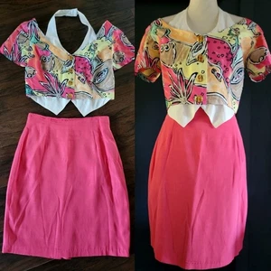 Vintage 80s Cline & Kolarek Two-Piece Skirt Set Bright Floral Halter Vest Top Sm - Picture 1 of 16