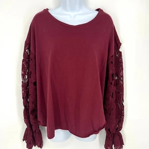 Umgee Damen Burgunderrot T-Shirt Spitze Häkelärmel Größe L NEU  - Bild 1 von 11