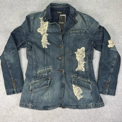NWT LAUREN Ralph Lauren Lace Patchwork Denim Indigo Buttoned  Blazer Jacket Sz 6 - Image 1 of 4