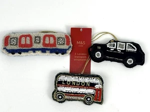 NEW Marks & Spencer 3 Felt Beaded London Ornaments Bus Taxi & Train Christmas - Picture 1 of 5