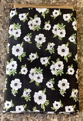 2.5 Yds spring Creative. Simple Flower Toss CP69977 Cotton Fabric White on Black - Image 1 of 4