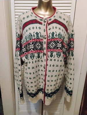 经典复古羊毛 Fair Isle 红色绿色 L.L. Bean开衫毛衣L — 第 1/4 张图片