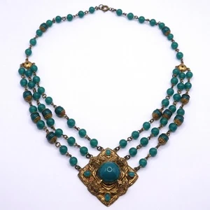STUNNING CZECH BRASS & GLASS CHRYSOPRASE FESTOON NECKLACE - Picture 1 of 5