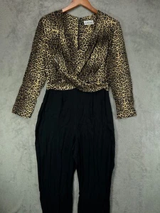 Vintage 80s MENU Jumpsuit Womens 12 One Piece Leopard Black Long Sleeve Trouser - Picture 1 of 16