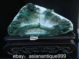 17.6" chinesische grüne Xiu Jade Schnitzen Brücke Menschen Baum Mluntain Statue - Bild 1 von 21