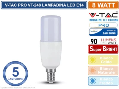 5 PEZZI V-TAC PRO VT-248 LAMPADINA LED E14 8W TUBOLARE T37 CHIP SAMSUNG - Immagine 1 di 3