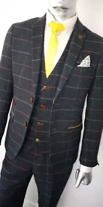 Men's Designer Marc Darcy Tweed Herringbone Vintage Jacket Tonal Checked Blazer - Picture 1 of 8