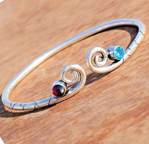 Blue Topaz & Garnet Gemstone 925 Sterling Silver Bangle Cuff For Brother Gift - Picture 1 of 9