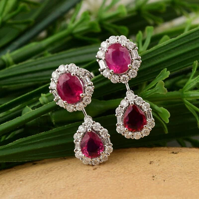 4.16 Tcw Lab Grown CVD Diamond Ruby Gemstone Dangle Earrings Gift 18k White Gold - Image 1 of 4