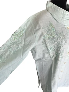 Camicia Quacker Factory 100% cotone verde con bottoni perline floreale farfalla taglia L - Foto 1 di 6