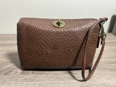 COACH Brown Leather Top Turnlock Wristlet Pouch Mini Bag - Image 1 of 4