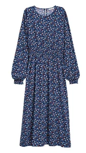 H&M Damen Y2K 00s Langarm Midikleid Größe 14 Dunkelblau Blumen Gesmokt Neu mit Etikett - Bild 1 von 16