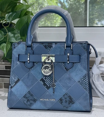 MICHAEL KORS HAMILTON SMALL SATCHEL KEY LOCK PATCHWORK BLUE SNAKE PRINT SILVER - Image 1 of 4