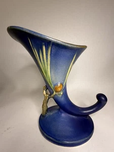 Roseville Pinecone Blue Cornucopia Vase 126-8” Vintage Art Pottery USA B10 - Picture 1 of 15