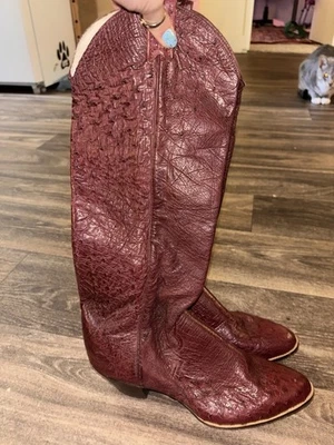 Larry Mahan Vintage Women's All Burgundy Knee High Ostrich Boots - Image 1 of 4