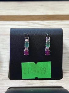 9ct Gold Emerald Ruby Sapphire diamond Stud Earrings - Picture 1 of 1