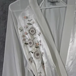 Linea Donatella Long Ivory Satin Chiffon Robe Womens Sz M Pearl Lace Applique - Picture 1 of 8