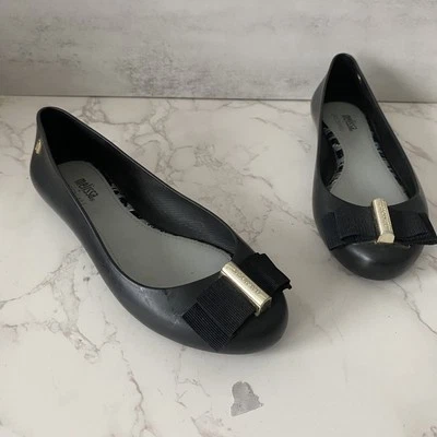 Melissa x Jason Wu Flat Ballerina Sz 6 Black Bow Rubber Everyday Office Coquette - Image 1 of 4