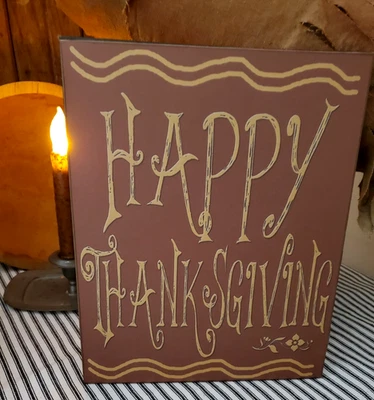 NICE REDWARE OLD FOLK  ART PRIMITIVE VINTAGE STYLE FALL HAPPY THANKSGIVING  SIGN - Image 1 of 4