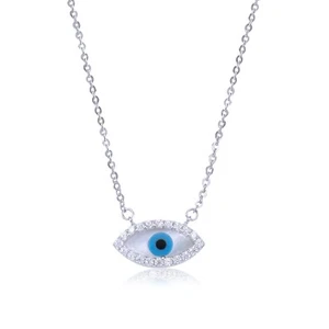 14K Solid White Gold CZ Evil Eye Pendant Rolo Chain Necklace Set -Blue Good Luck - Picture 1 of 2