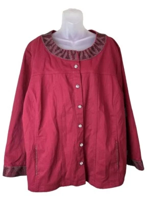 Quacker Factory 3X Red Denim Jacket Rhinestone Embellished Button Up Pockets - Image 1 of 4