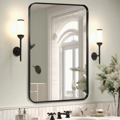 Wall Mount Mirror for Bathroom, Brushed Black Metal FramedRounded Corner... - Image 1 of 4
