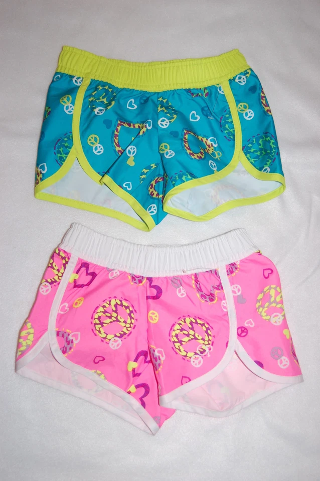 Girls 2 LOT BOARD SHORTS Teal Green Pink PEACE SIGNS Hearts SIZE XS S M L XL - Image 1 of 1