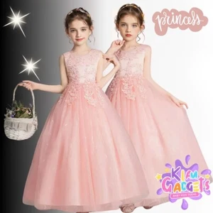 GIRLS WEDDING DRESS LONG PINK LACE BOW BRIDESMAID PARTY PRINCESS GOWN KIDS - Picture 1 of 32