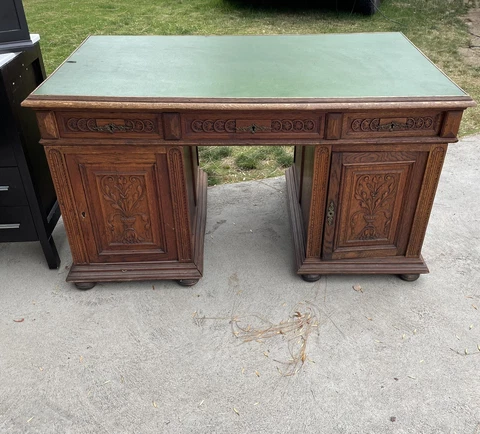 PARTNERS WOOD DESK Vintage Green Leather/Vinyl Top Metal Accents FURNITURE FLIP Cover