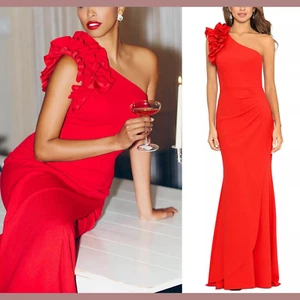 NUEVO CON ETIQUETAS $298 XSCAPE [18W] Vestido de un hombro con detalle con volantes en rojo #S2063 - Imagen 1 de 14