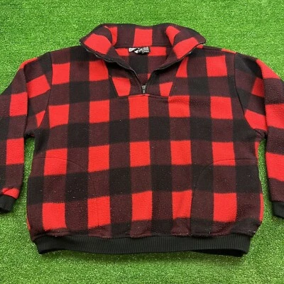 Jaqueta Pulôver Feminina Antiga XL Buffalo Xadrez Vermelha Preta Lã Polar 1/4 Zíper EUA! - Imagem 1 de 4