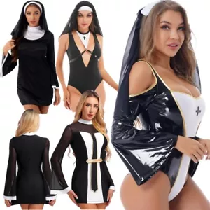 Women Naughty Nun Costume Halloween Bodysuit/Dress and Headwear Cosplay Outfit - Picture 1 of 55