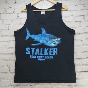 Shark Stalker Tank Top Mens Sz L Rockaway Beach Oregon Surfer Tee Black Blue - Picture 1 of 9