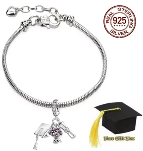 Girls 925 Sterling Silver 2025 Graduation Cap Flowers Diploma Charm Bracelet - Picture 1 of 4