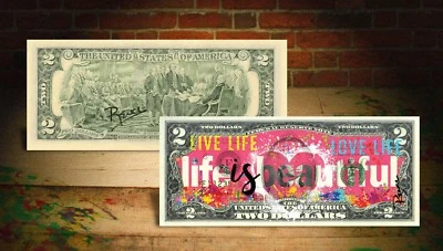 Подлинная банкнота США $2 LIFE IS BEAUTIFUL с розовым сердцем — СОБСТВЕННОРУЧНО ПОДПИСАНА Currency ART  - Изображение 1 из 3