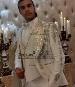 Brillantes Adorno de Cuentas Esmoquin Hombres Trajes Personalizados Boda Novio Blazer Masculino - Imagen 1 de 5