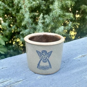 Vtg Stoneware Painted Angel Crock Toothpick Holder Blue Grey Miniature Dollhouse - Picture 1 of 4