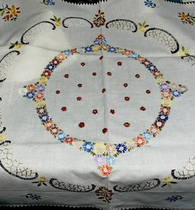 Tovaglia vintage punto croce ricamata lino bianco quadrata graziosa forale 28X28" - Foto 1 di 22