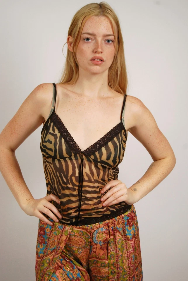 Y2K Tiger Tank (M) mediano vintage marrón puro animal print cami ver a través lindo Foto 1 de 4