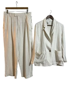 Linen Blend Suit Cream Pinstripe Blazer (Large) & Pleated Pants Size 12 - Picture 1 of 12